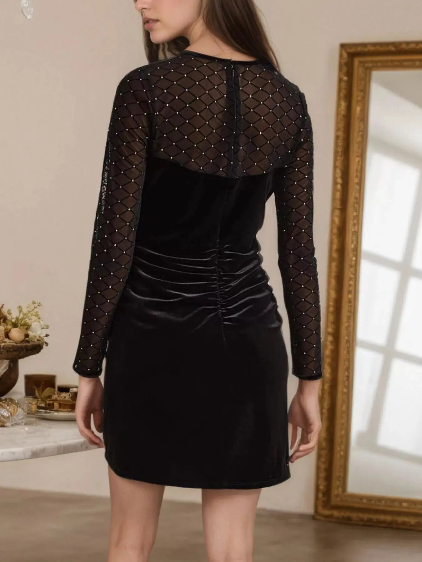 Sparkle Mesh Sleeve Velvet Christmas Party Mini Dress.