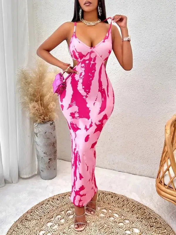 women's sexy long pink printed suspender covering dress with fitted silhouette
